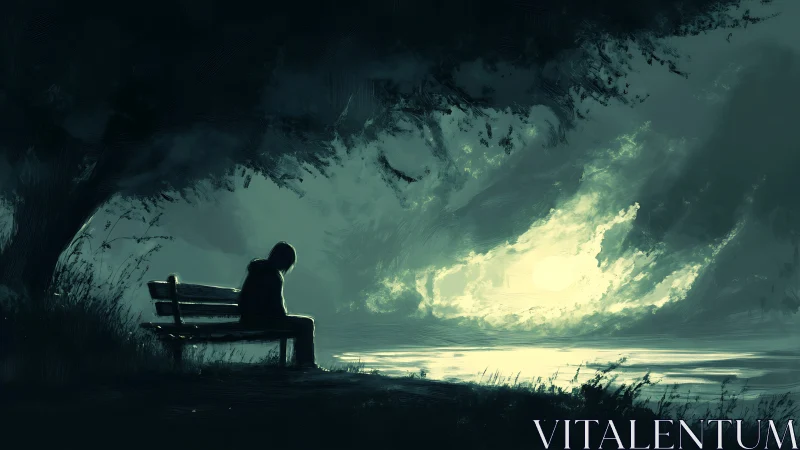 Solitary figure watches distant moonlit horizon over water