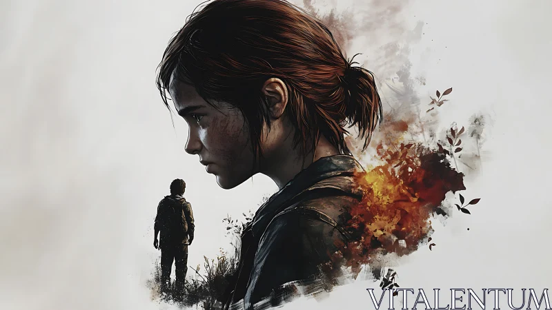 Somber survivor girl turns away as a lone figure fades behind