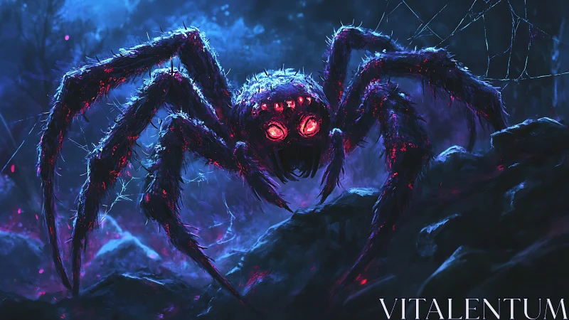Nightmare spider stalks a glowing, haunted neon forest.