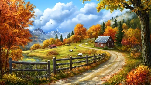 Country road curving through bright autumn rural valley.