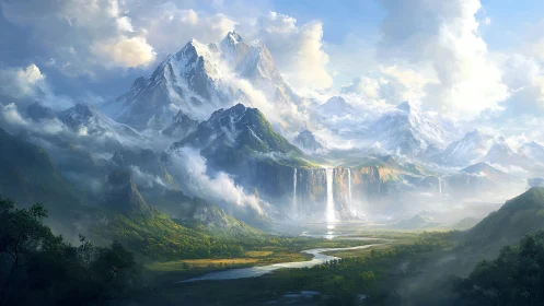 Sunlit fantasy mountains rise above misty waterfalls and valley