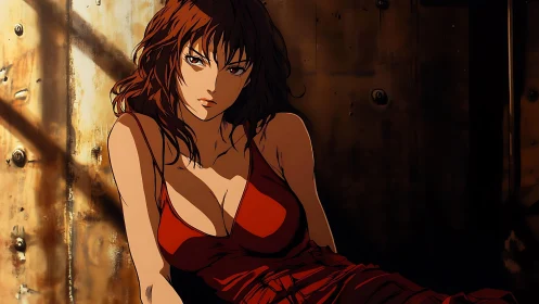 Thoughtful woman in red dress resting in warm shadows.