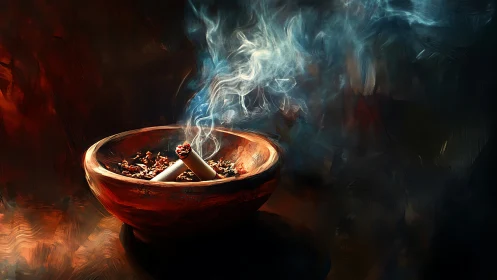 Turbulent smoke plume over embered bowl in chiaroscuro space.