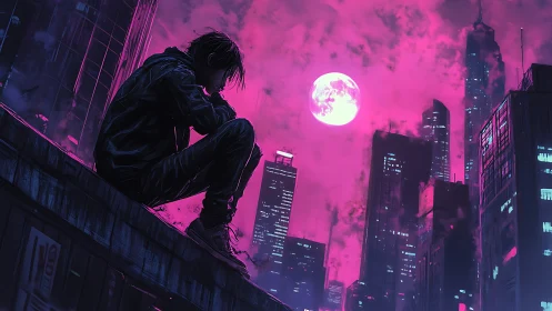 Solitary figure overlooks neon city under saturated moon.
