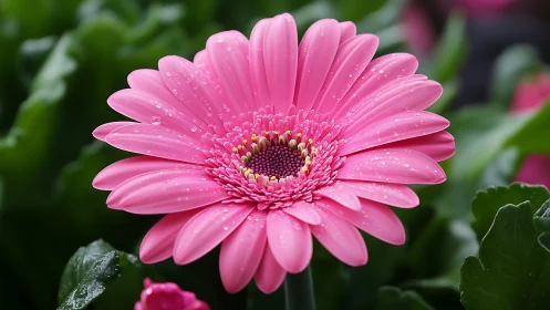 Pink Gerbera Daisy with Water Droplets: Radial Petal Morphology and Hydrophobic Surface Tension