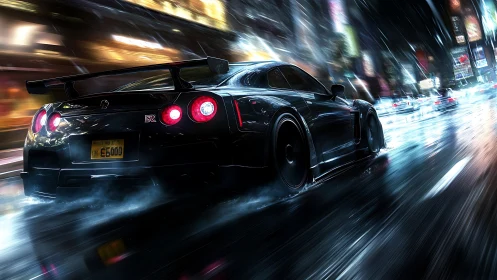 Midnight street racer carving through neon city rain.