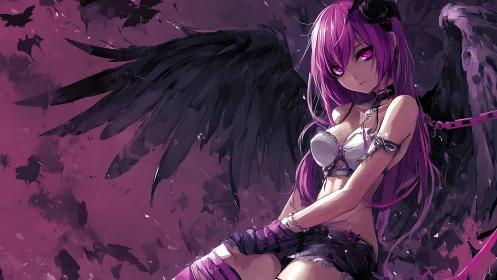 Violet-haired winged demon girl in gothic anime composition.