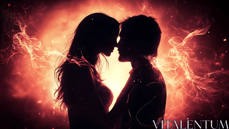 Silhouettes Kiss Amid Fiery Energy. Passion Illuminated.