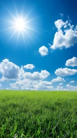 Photorealistic grassy plain under high summer sunlit sky.