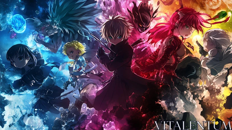 Elemental anime warriors ignite a chromatic battlefield storm.