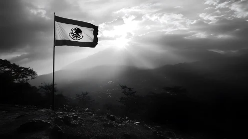 Monochrome landscape with Mexican flag in backlit silhouette.