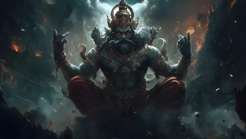 Mythic war-god manifestation in apocalyptic digital painting.