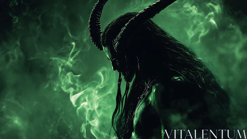 Shadowed horned warrior pauses in swirling emerald mist