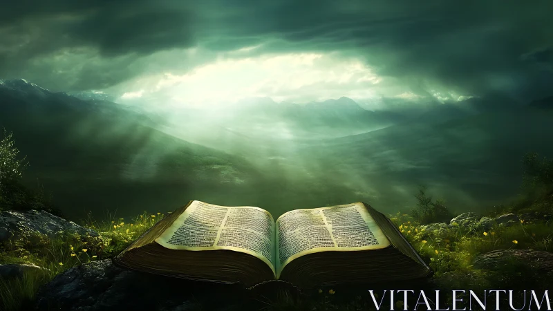 Illuminated ancient tome in misty alpine valley under stormlight