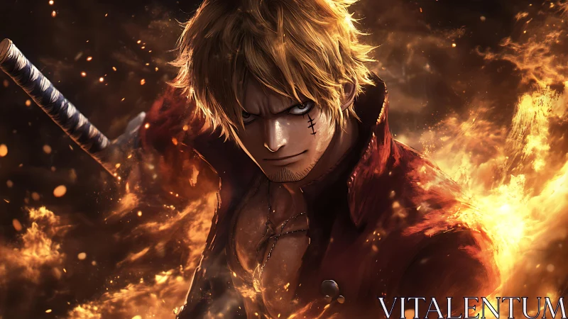 Fiery anime swordsman emerges from blazing inferno of light.