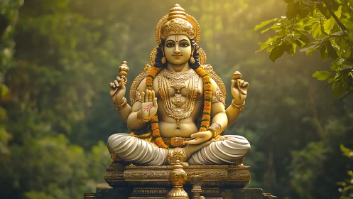 Golden Hindu deity statue seated in lush forest setting.