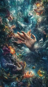 Drowning hand amid surreal oceanic spirits and coral fire