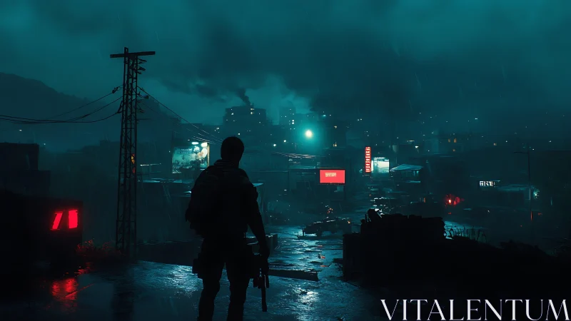 Lone gunman stalks neon-soaked rainy city under teal gloom.