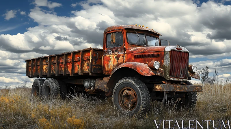 Rusty vintage dump truck dominates overgrown prairie field.