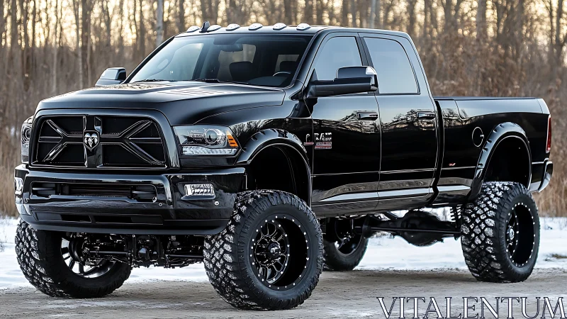Lifted black pickup truck dominates a snowy forest backdrop.