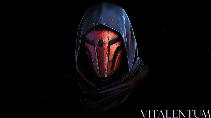 Hooded crimson war-mask drifting in a starless void.