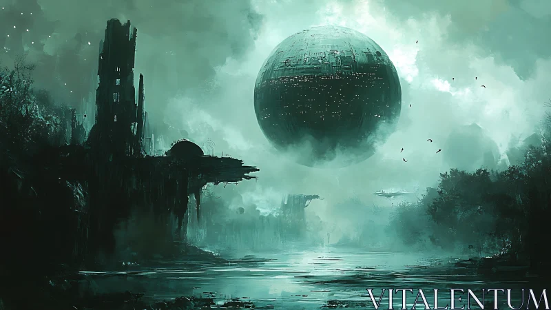Colossal alien sphere looms above misty ruined landscape.