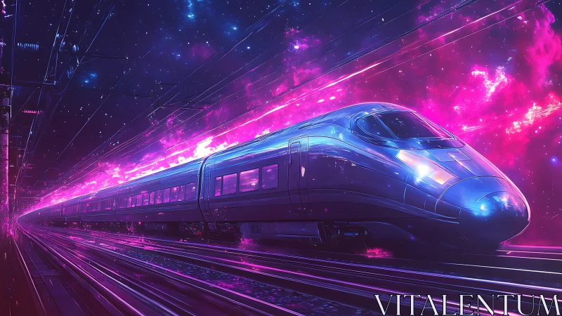 Neon bullet train cuts through cosmic tunnel at high speed