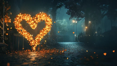 Glowing Heart Illuminates Rain-Soaked Urban Street at Night