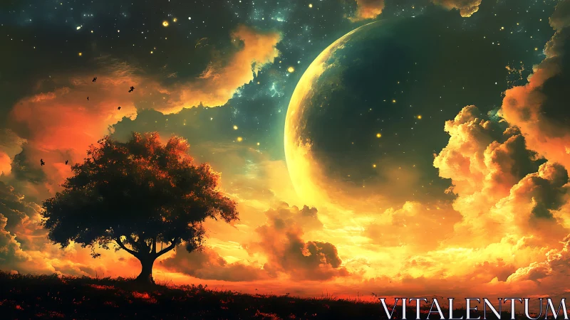 Starlit horizon tree beneath a glowing cosmic sunrise.