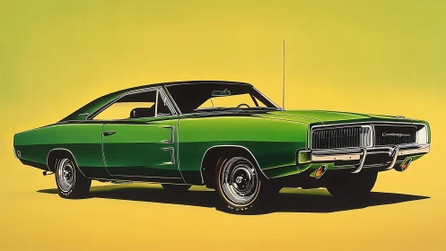 Green classic muscle car rendered against yellow backdrop