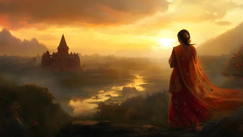 Sunlit temple valley with woman in flowing sari at dusk.