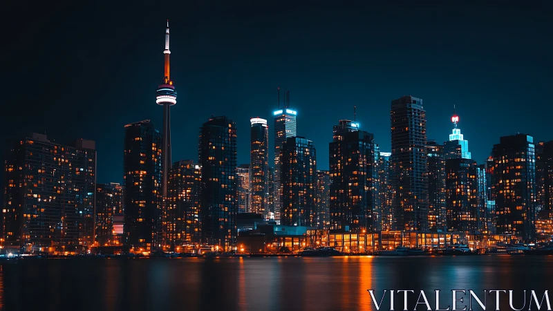 High-contrast Toronto skyline with CN Tower and bokeh-lit waterfront