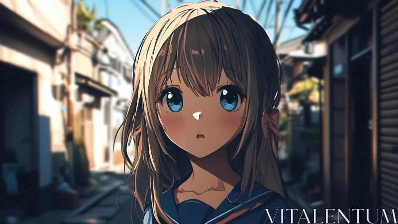 Anime schoolgirl stands in sunlit narrow urban alleyway.