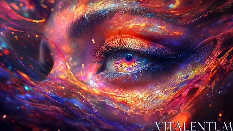 Cosmic human eye merges with swirling neon galaxy.