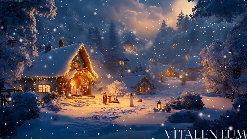 Snow covered village shows illuminated cottages on winter night