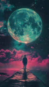 Solitary dreamer walks a neon path beneath a cosmic moon