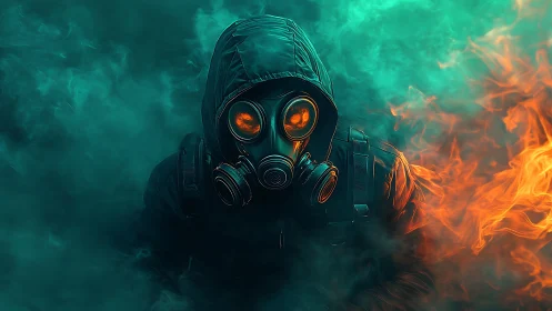 Hooded survivor in gas mask prowls through toxic neon fire