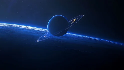 Ringed gas giant floats above a luminous blue horizon.