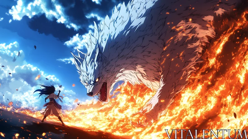 Human figure confronting large flaming wolf-like creature.