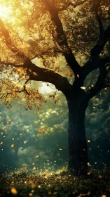 Backlit tree silhouette with golden hour illumination and falling autumn leaves