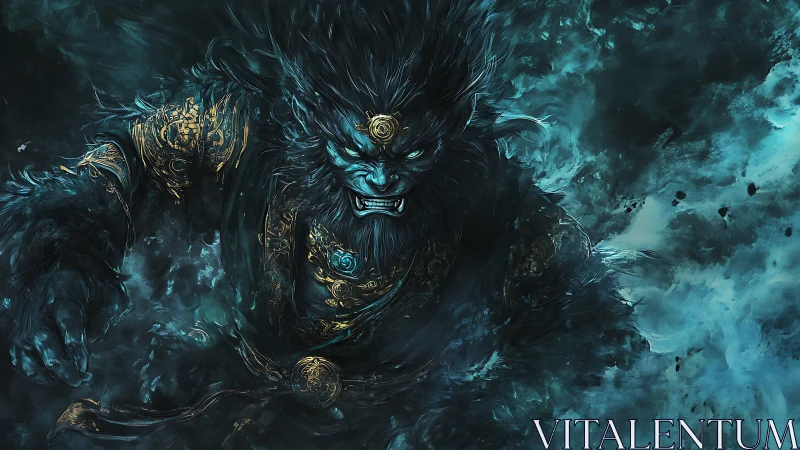 Dark mythic beast warrior in stormlit blue digital painting.