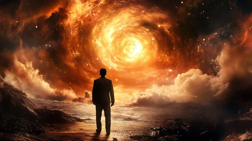 Silhouetted figure before luminous cosmic vortex at shoreline