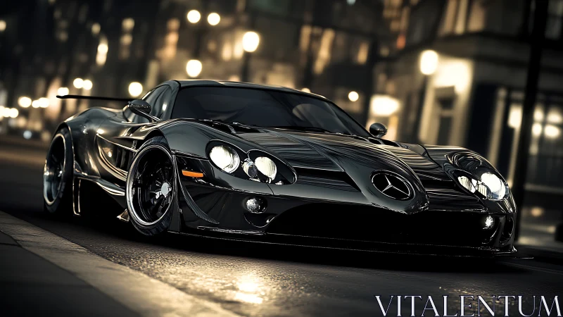 Midnight black supercar glides confidently through city lights