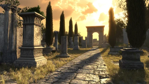 Sunlit stone pathway through digital Roman-style ruins