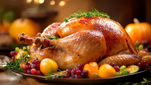 Roast turkey centerpiece with herbs and autumn garnish.