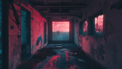 Derelict hallway lit by intense pink sunset sky glow.