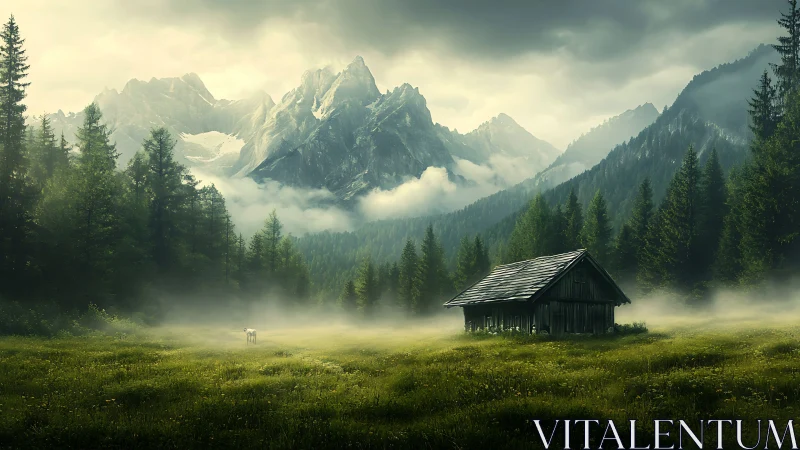 Misty alpine meadow and cabin beneath dramatic peaks.