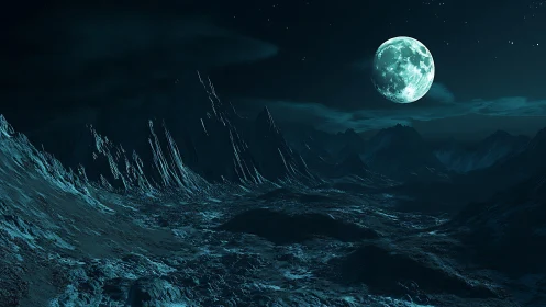 Icy alien valley stretches under luminous turquoise moon
