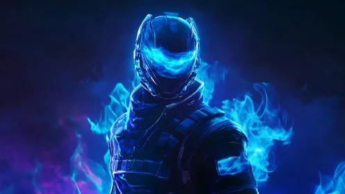 Cybernetic soldier in blue plasma armor with energized visor
