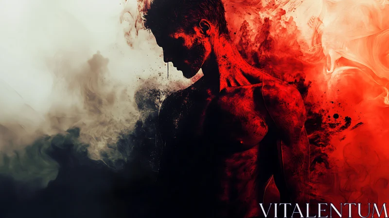 Silhouetted male torso in red and black particulate smoke field.